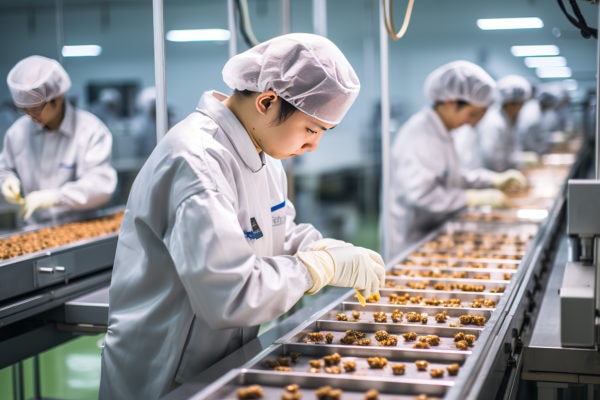 Employee conducting quality control inspection on the production line